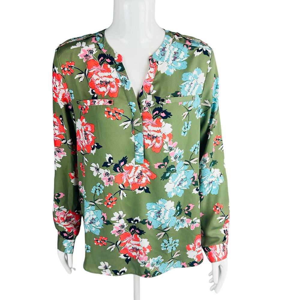 Simply Styled Womans Sz Medium Blouse Long Sleeve Floral Green V Neck